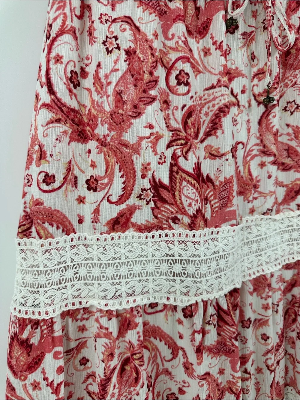 Frye Red Paisley Tiered Midi Skirt with Cream Crochet Trim Western Festival